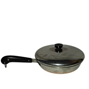 Vintage Revere Ware 10 Inch Skillet Copper Clad Bottom Double Circle w Lid  MCM